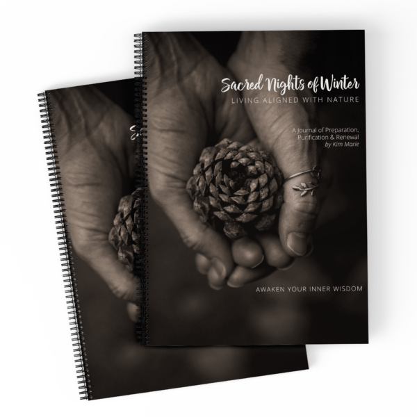 Sacred Nights of Winter Journal - Living Aligned with Nature; Holiday Journal; Holy Nights Journal; Christmas Journal; Spiral Bound Sacred Nights of Winter Journal with pinecone held in hands on the cover