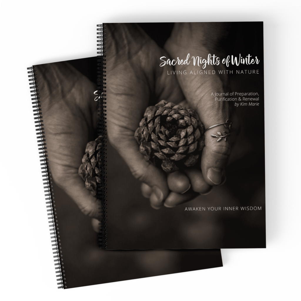 Sacred Nights of Winter Journal - Living Aligned with Nature; Holiday Journal; Holy Nights Journal; Christmas Journal; Spiral Bound Sacred Nights of Winter Journal with pinecone held in hands on the cover